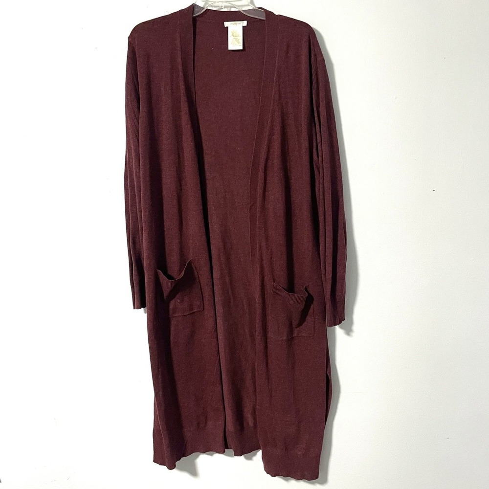 Matty M Red Burgundy Lightweight Longline Cardigan Sweater Patch Pockets XXL 46"